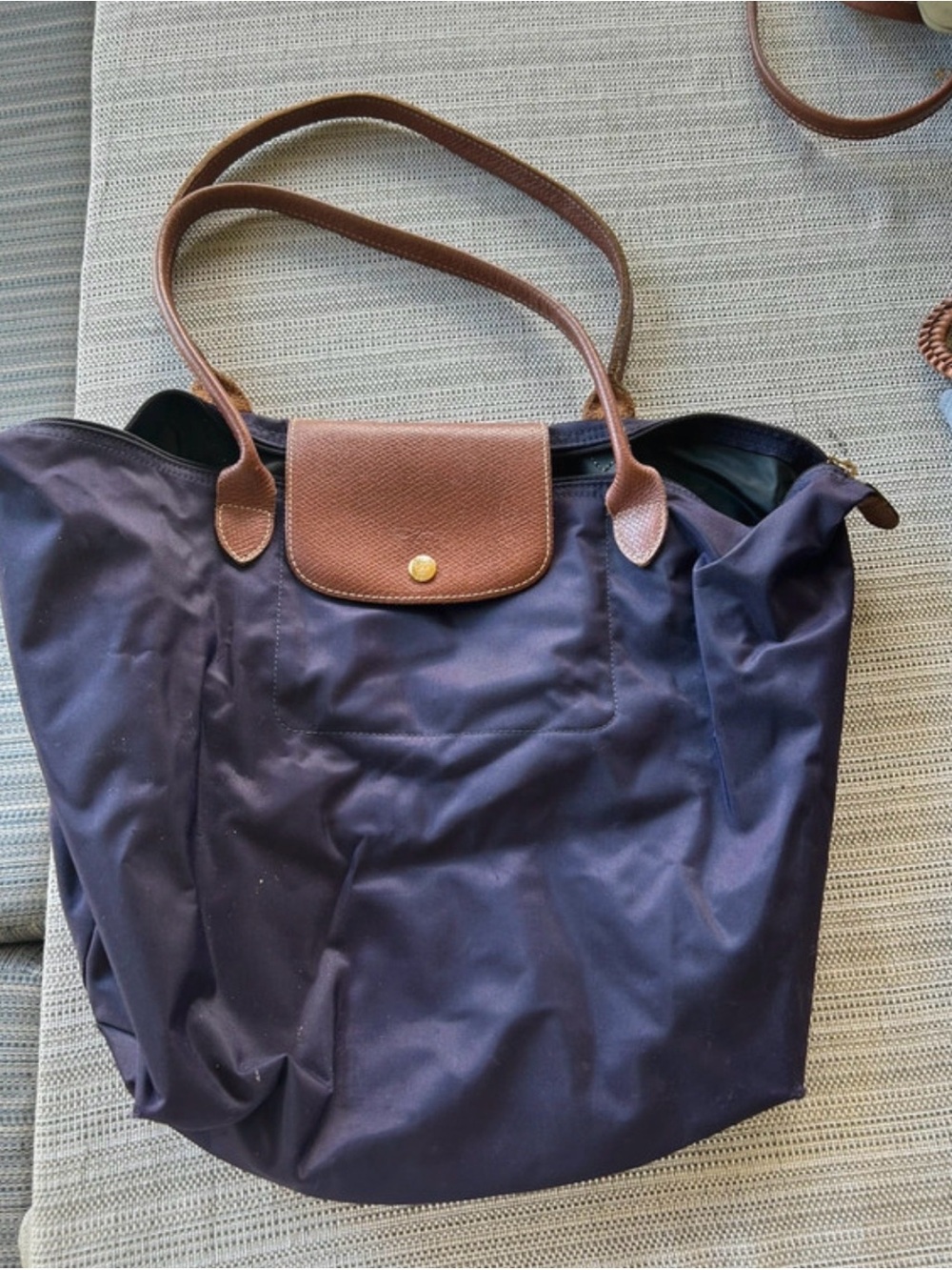Longchamp Navy Tote with Brown Leather Trim